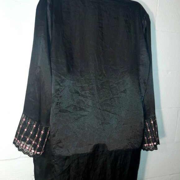 Delicates Women's Black Silky Wrap Robe Lightweight Intimates Rosebud Lace - Picture 9 of 10